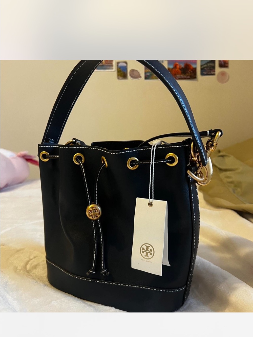 Tory Burch Black Leather Drawstring Bucket Shoulder Bag with Gold Hardware